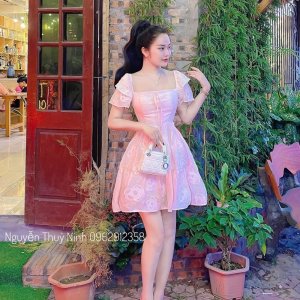 Váy tơ hoa nổi tay ren dáng xoè dự tiệc cực xinh-2