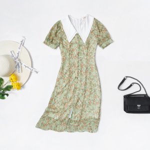 Váy hoa nhí dáng dài công sở cao cấp cổ đức eo nhấn đai cúc ngọc chất liệu mềm mịn 2 lớp thiết kế-5