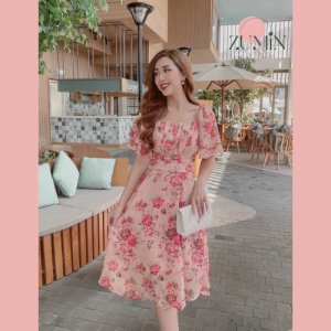 Váy hoa thiết kế Zumin cổ vuông/trễ vai chất liệu vải voan tơ 2 lớp cao cấp, váy đi biển, maxi đi biển ZMS-VAY07-8