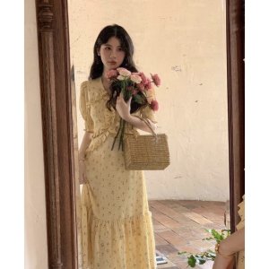 [ẢNH THẬT] VÁY HOA VÀNG PHỐI BÈO DÁNG DÀI CHÂN CÁ VHVBDC-2