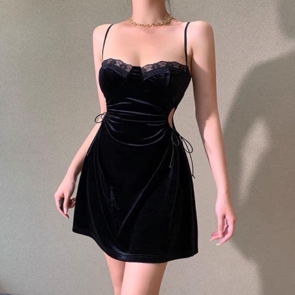 Đầm Nhung Phối Ren Hoa Tibu, đầm dự tiệc Thiết Kế Hở Lưng Quyến Rũ-6