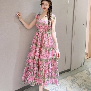 Váy hoa cổ vuông dáng xòe LAMINU thiết kế, đầm nữ dáng dài, voan 2 lớp đi biển, đi chơi-4