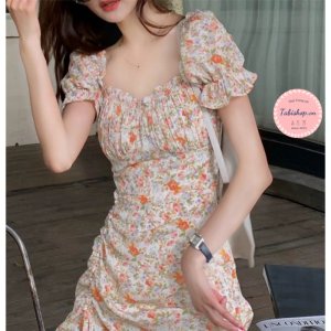 Đầm hoa nhí vintage xẻ tà cho nữ bánh bèo, váy tiểu thư bẹt vai rút dây phong cách ulzzang đi tiệc đi chơi siêu xinh-3