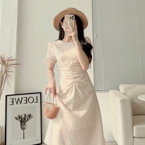 Váy hoa nhí 2 lớp nhún eo cổ tròn ngắn tay bóp eo hack dáng tôn da chất liệu tơ dệt thoáng mát thiết kế EvaLover-6