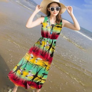 ☞Phong cách dân tộc dài Ngọt ngào đi nghỉ bên bờ biển Váy sling Dress ~ Cotton Cổ tròn Thả eo A-Line Váy hoa-7