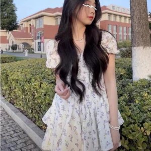 Thời trang in thời cổ vuông váy tay ngắn, váy công chúa ngắn mùa hè-7