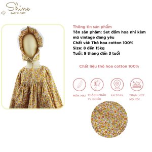 Set váy hoa cho bé gái Shine Baby Closet kèm nón bonet kiểu dáng vintage thiết kế tay dài phù hợp làm váy mùa thu đông-2
