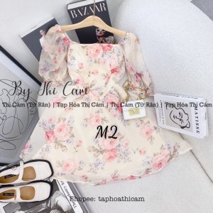 Váy hoa tiểu thư tay bồng cổ vuông phối hoa hồng-8