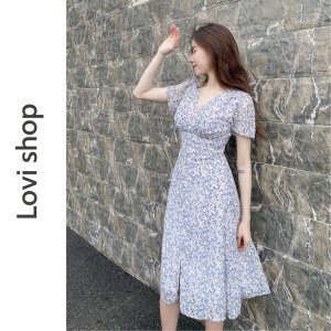 LOVI SHOP - Đầm voan hoa nhí thiết kế nút ngọc cổ V phong cách tiểu thư vintage-3