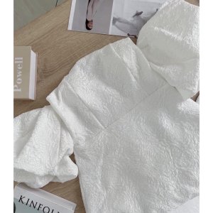 Váy Trễ Vai Xốp Hoa, Đầm Trắng Đen Tay Bồng Xinh Xắn-5