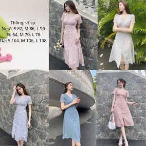 LOVI SHOP - Đầm voan hoa nhí thiết kế nút ngọc cổ V phong cách tiểu thư vintage-9