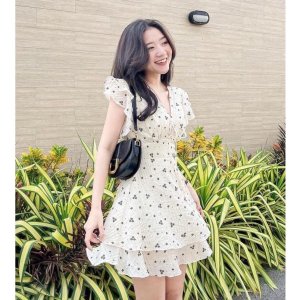 Váy Hoa Nhí Dáng Xoè Chữ A Đũi Xước Tay Cánh Tiên 2 tầng Đầm Hoa Nhí Vintage Đẹp-9