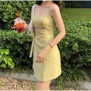Váy vàng ngắn ôm sát cut-out sexy họa tiết lạ mắt Summer-1