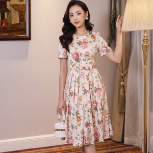 Váy lụa hoa hồng xếp li nơ eo-2