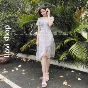LOVI SHOP - Đầm voan hoa nhí thiết kế nút ngọc cổ V phong cách tiểu thư vintage-2