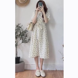 Đầm - Váy hoa nhí cổ tròn tay lỡ cúc ngực xinh xắn vintage-4