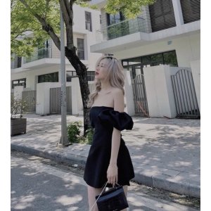 Váy Trễ Vai Xốp Hoa, Đầm Trắng Đen Tay Bồng Xinh Xắn-7