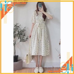 Đầm - Váy hoa nhí cổ tròn tay lỡ cúc ngực xinh xắn vintage-2
