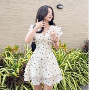 Váy Hoa Nhí Dáng Xoè Chữ A Đũi Xước Tay Cánh Tiên 2 tầng Đầm Hoa Nhí Vintage Đẹp-8