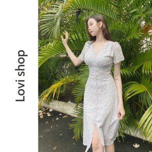 LOVI SHOP - Đầm voan hoa nhí thiết kế nút ngọc cổ V phong cách tiểu thư vintage-8