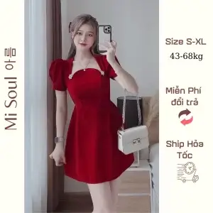 Đầm Nhung Dự Tiệc Thiết Kế Cổ Vuông Sang Chảnh, Váy Dự Tiệc Đính Cúc Ngọc Chất Tuyết Nhung Mềm Mịn