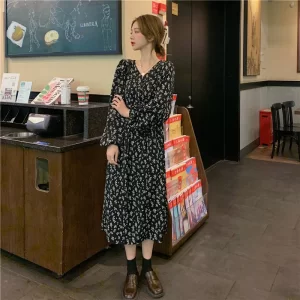 Alternative view of Váy babydoll dáng dài đầm hoa nhí trắng đen hàn quốc dài tay vintage tiểu thư đẹp kozoda D9