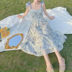 Alternative view of váy đầm nữ dáng xòe hai dây cột nơ vai cúp ngực họa tiết hoa sang trọng(có mút, có lót)