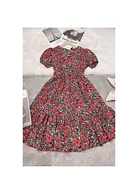 Váy hoa đỏ Vintage V chun eo DN504 - Image 3