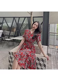 Váy hoa đỏ Vintage V chun eo DN504 - Image 4