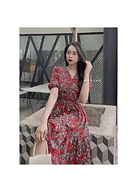 Váy hoa đỏ Vintage V chun eo DN504 - Image 6