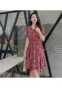 Váy hoa đỏ Vintage V chun eo DN504