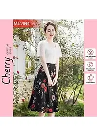 Váy hoa nhí công sở thiết kế liền thân chân váy dáng xòe, đầm nữ phối hoa đẹp Cherry Store V044