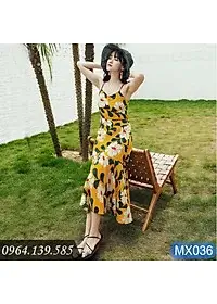 váy 2 dây maxi nữ, đầm 2 dây hoa vàng đan lưng sexy xinh xắn