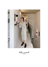 Váy hoa nhí dáng dài cổ chữ V phong cách retro - Image 6