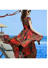 Alternative view of Váy Xòe Nữ Đi Biển, Đầm Maxi Dáng Dài Xòe Cổ Tròn Họa Tiết Thanh Lịch 2 Lớp Chất Voan Lụa Cao Cấp