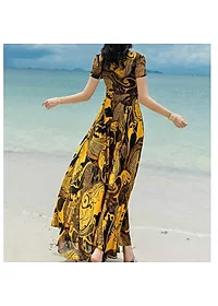 Váy Xòe Nữ Đi Biển, Đầm Maxi Dáng Dài Xòe Cổ Tròn Họa Tiết Thanh Lịch 2 Lớp Chất Voan Lụa Cao Cấp - Image 3