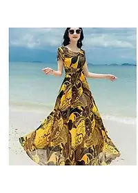 Váy Xòe Nữ Đi Biển, Đầm Maxi Dáng Dài Xòe Cổ Tròn Họa Tiết Thanh Lịch 2 Lớp Chất Voan Lụa Cao Cấp