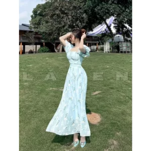 Alternative view of Đầm váy nữ maxi voan hoa xếp ly nhún ngực xinh xắn với 2 tone màu sáng da dành cho các nàng diện đi biển siêu xinh