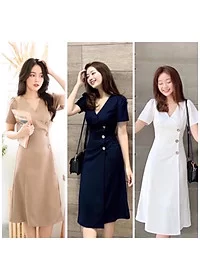 Alternative view of Đầm công sở cổ V phối nút, váy dự tiệc Hàn Quốc nữ trẻ trung, chất liệu mềm mịn cao cấp