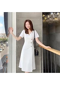 Đầm công sở cổ V phối nút, váy dự tiệc Hàn Quốc nữ trẻ trung, chất liệu mềm mịn cao cấp