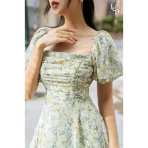 Đầm hoa nhún ngực tay bồng dáng xòe 2 lớp - đầm thiết kế nữ-3