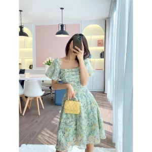 Đầm hoa nhún ngực tay bồng dáng xòe 2 lớp - đầm thiết kế nữ-2