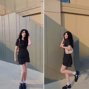 Đầm chấm bi ôm A, vạt giao tay bồng nhẹ- Dottie dress-3