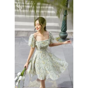 Đầm hoa nhún ngực tay bồng dáng xòe 2 lớp - đầm thiết kế nữ-6