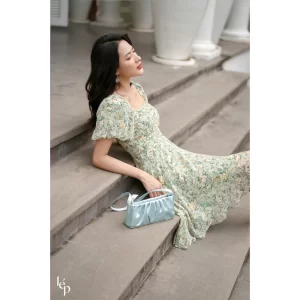Đầm hoa nhún ngực tay bồng dáng xòe 2 lớp - đầm thiết kế nữ-5