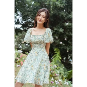 Đầm hoa nhún ngực tay bồng dáng xòe 2 lớp - đầm thiết kế nữ-4