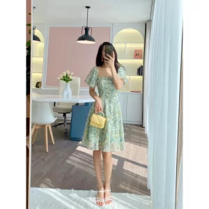 Đầm hoa nhún ngực tay bồng dáng xòe 2 lớp - đầm thiết kế nữ-7