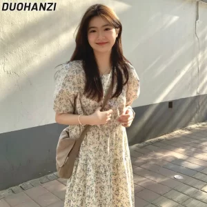 DUOHANZI Đầm Hoa Tay Phồng Dáng Dài Ôm Eo Kiểu Pháp Thời Trang Mùa Hè Cho Nữ-2