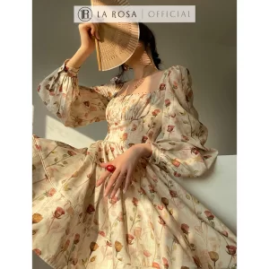 Váy Hoa Tiểu Thư Thanh Lịch Thiết Kế Cổ Vuông Xếp Ly LAROSA, Váy Hoa Dài Tay Sang Chảnh V1072-3