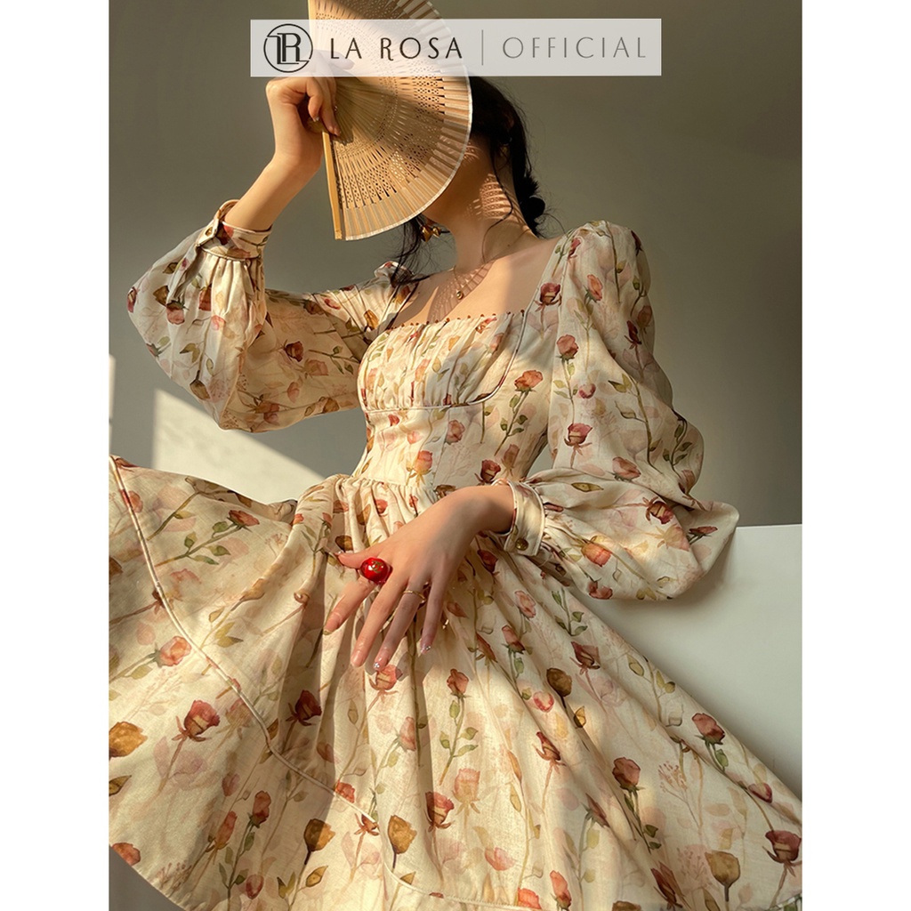 Váy Hoa Tiểu Thư Thanh Lịch Thiết Kế Cổ Vuông Xếp Ly LAROSA, Váy Hoa Dài Tay Sang Chảnh V1072-3